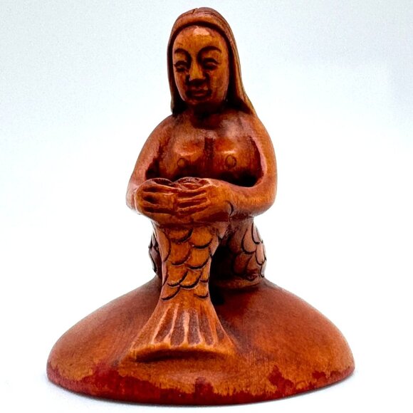 Ojime Bead Netsuke Mermaid Seated on Rock Hand-Carved Boxwood Signed Figurine - Picture 1 of 9